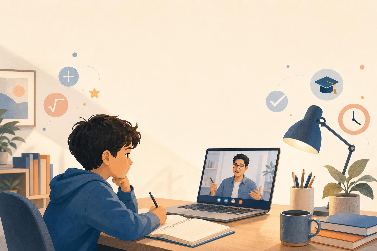 Child at desk learning online with a 1-on-1 tutor on laptop